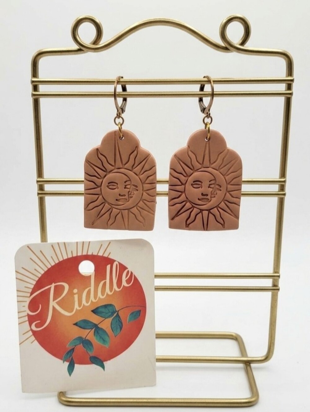 Handmade Clay Sun Moon Earrings Gold Dangle Lightweight Boho Celestial New